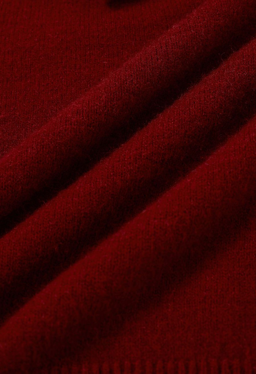 Bowknot-Trimmed Boat Neck Knit Sweater in Red