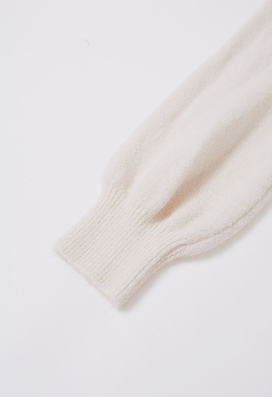Bowknot-Trimmed Boat Neck Knit Sweater in Ivory