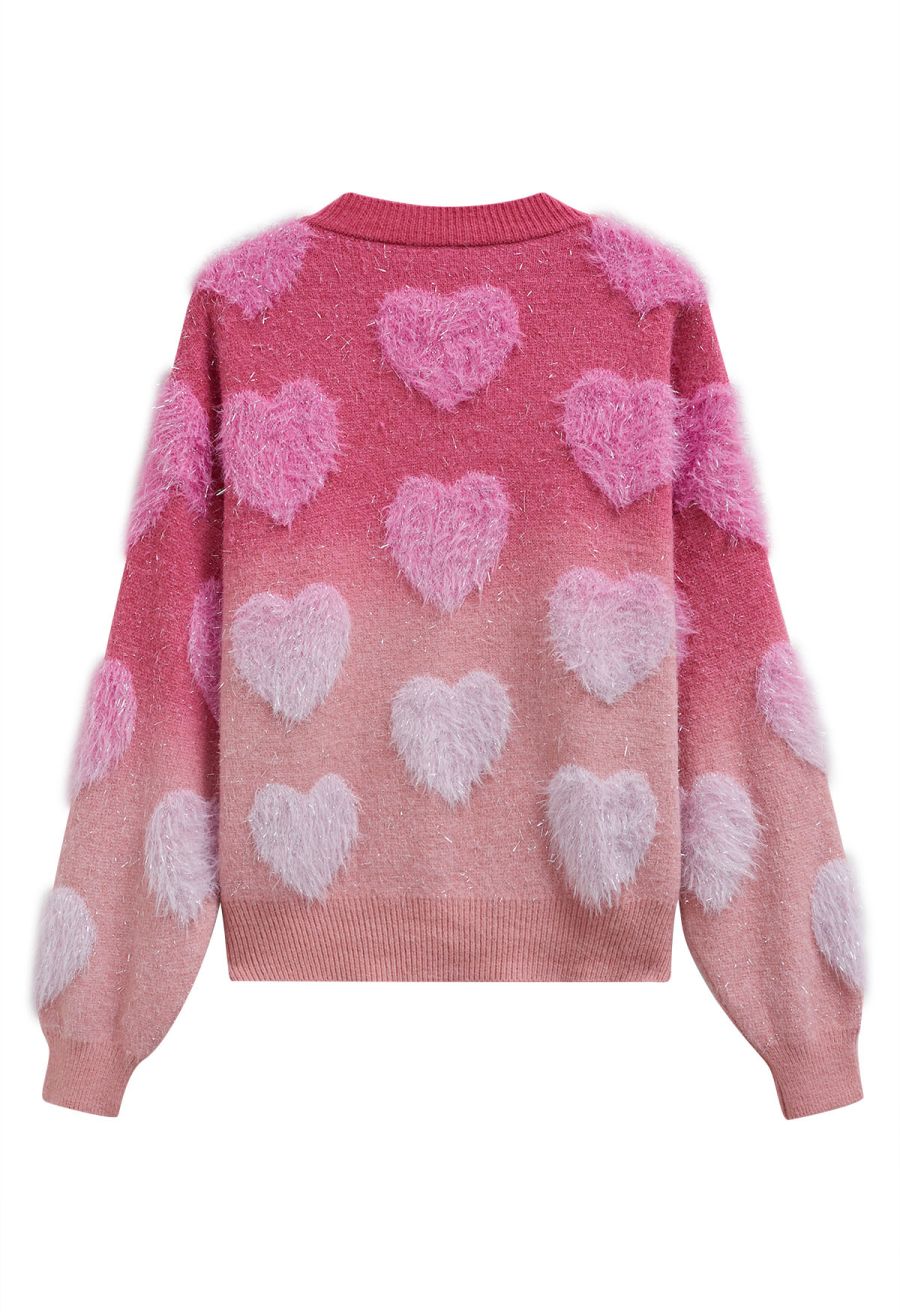 Ombre Fuzzy Heart Fringe Knit Sweater in Pink
