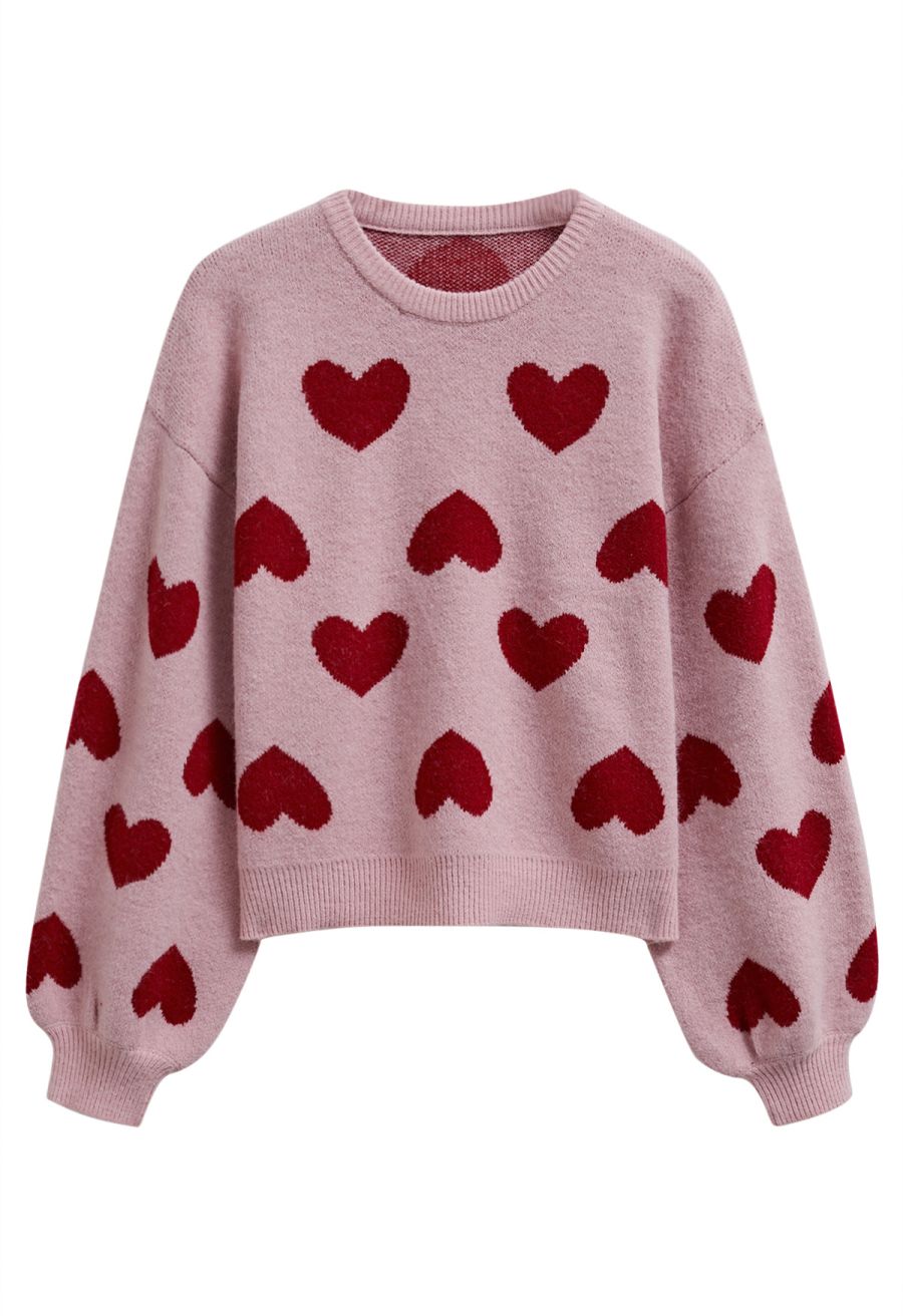 Cherished Heart Puff Sleeves Knit Sweater in Dusty Pink