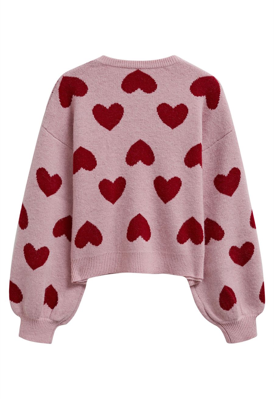 Cherished Heart Puff Sleeves Knit Sweater in Dusty Pink