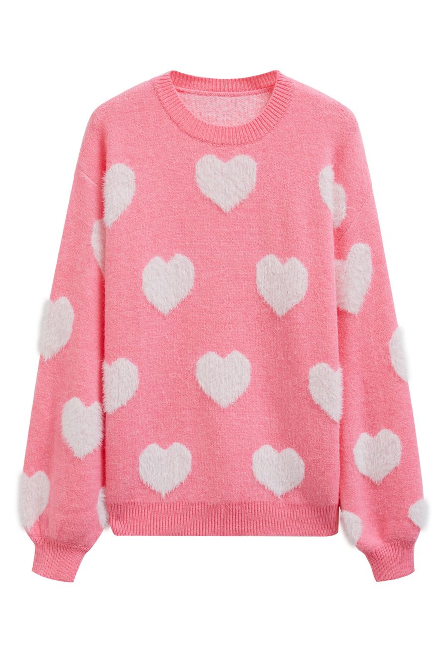 Contrast Fuzzy Heart Crew Neck Knit Sweater in Candy Pink