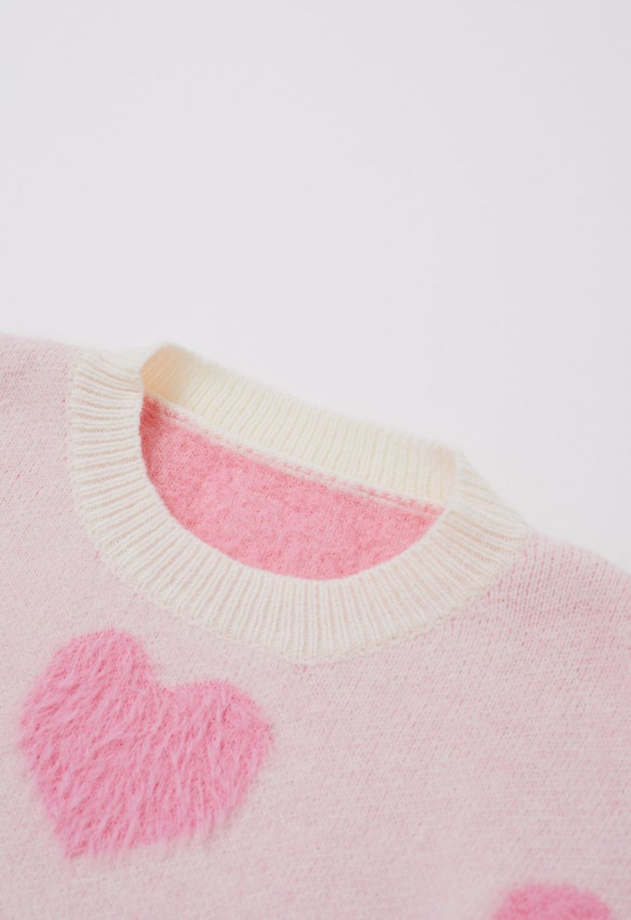 Contrast Fuzzy Heart Crew Neck Knit Sweater in Light Pink