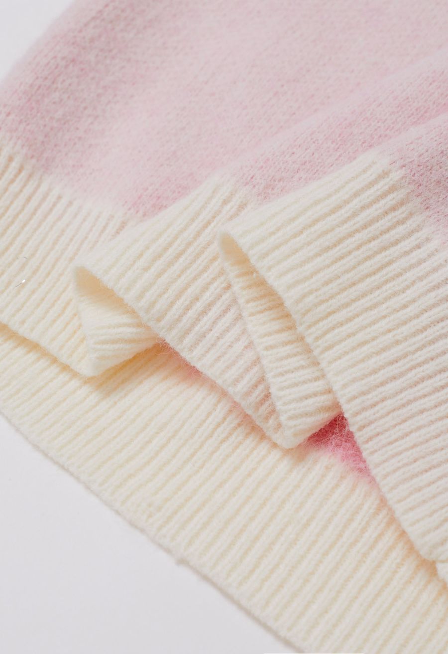 Contrast Fuzzy Heart Crew Neck Knit Sweater in Light Pink