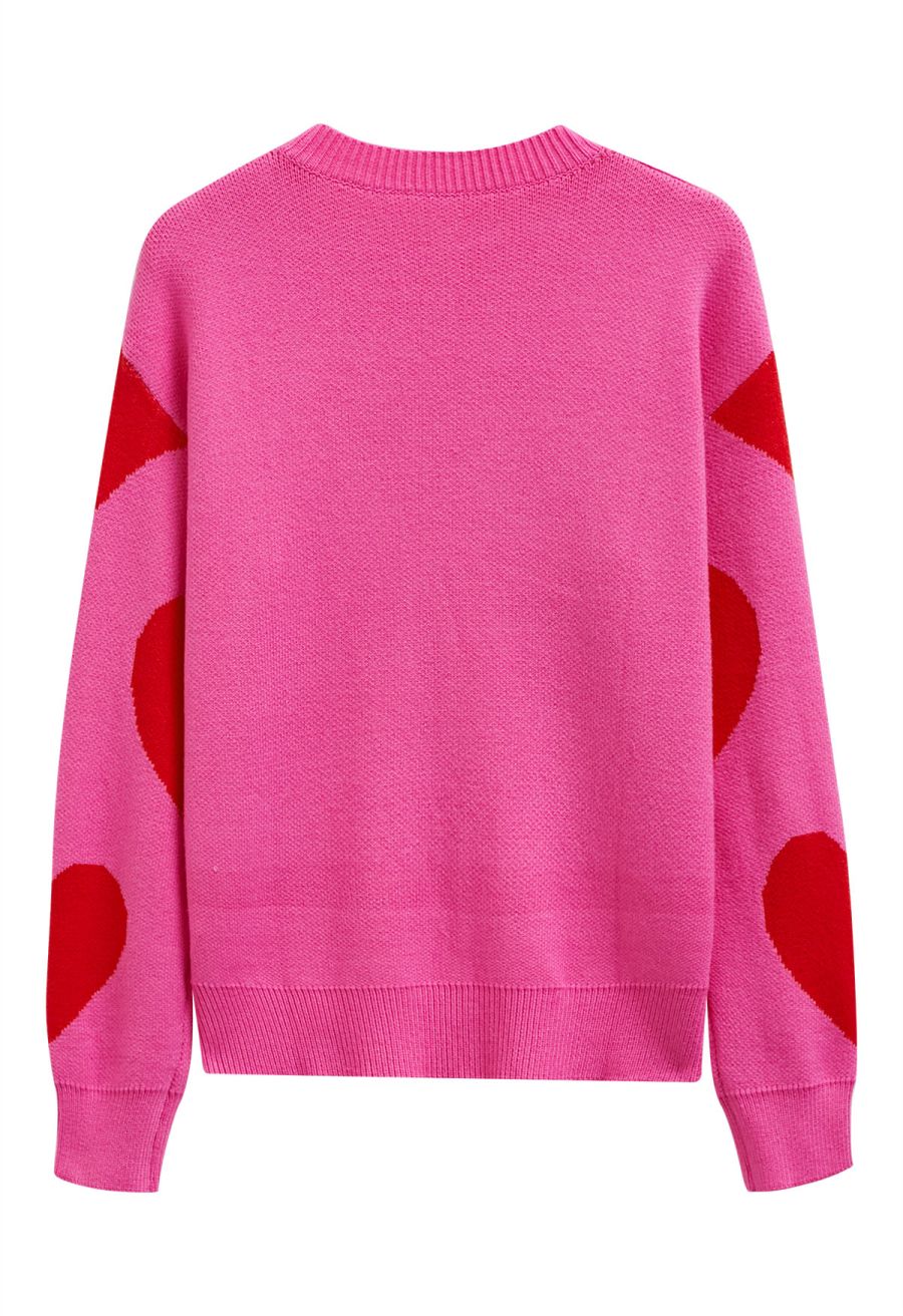 Soulful Heart Crew Neck Knit Sweater in Hot Pink