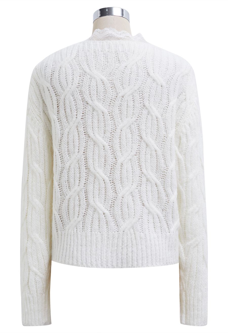 Lace Trim Crisscross Cable-Knit Sweater in White