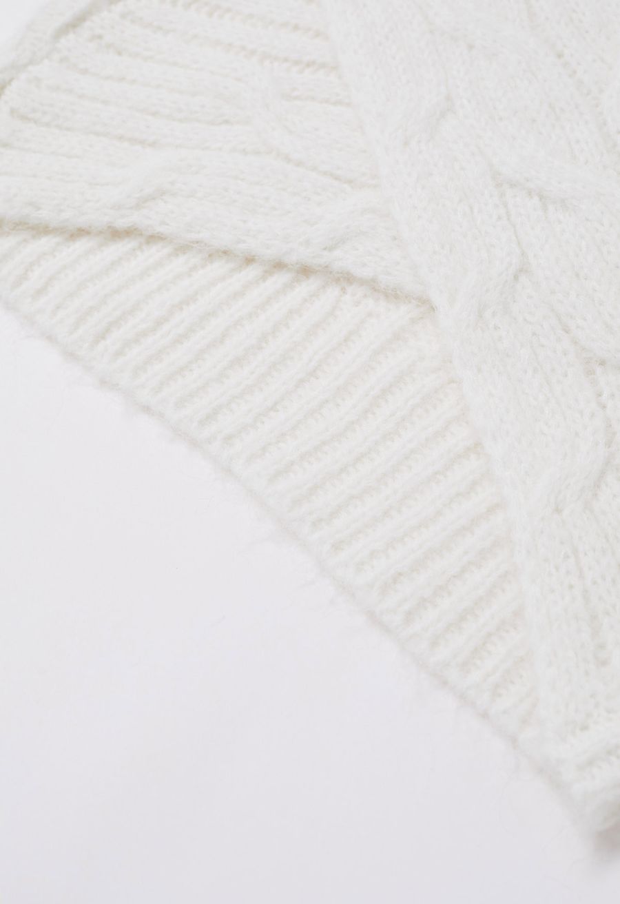 Lace Trim Crisscross Cable-Knit Sweater in White