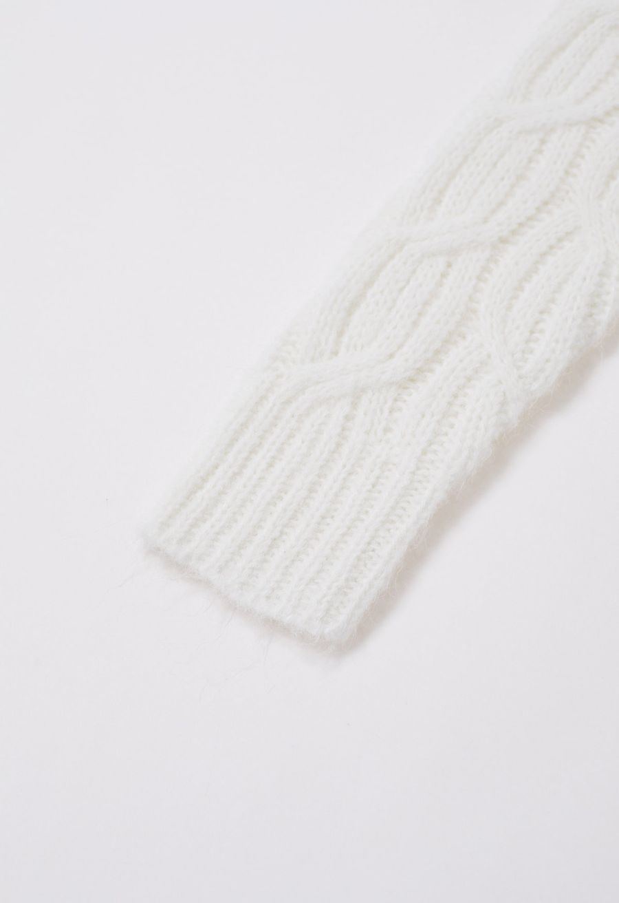 Lace Trim Crisscross Cable-Knit Sweater in White