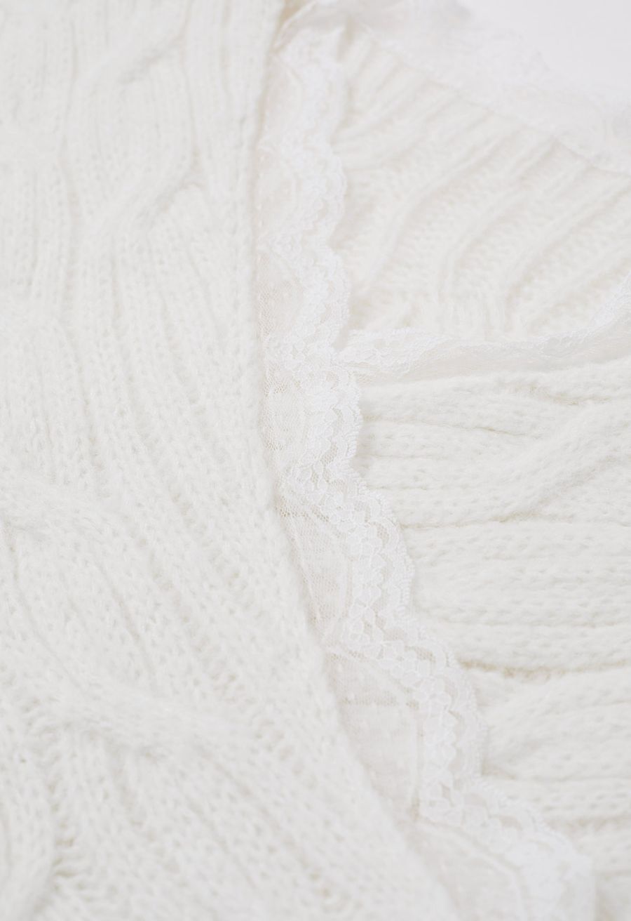 Lace Trim Crisscross Cable-Knit Sweater in White