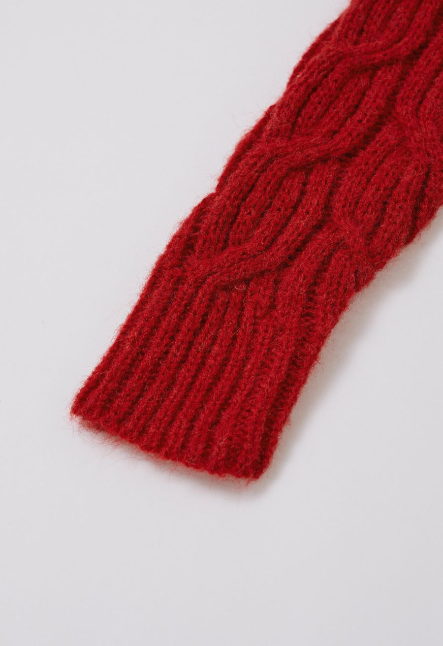 Lace Trim Crisscross Cable-Knit Sweater in Red
