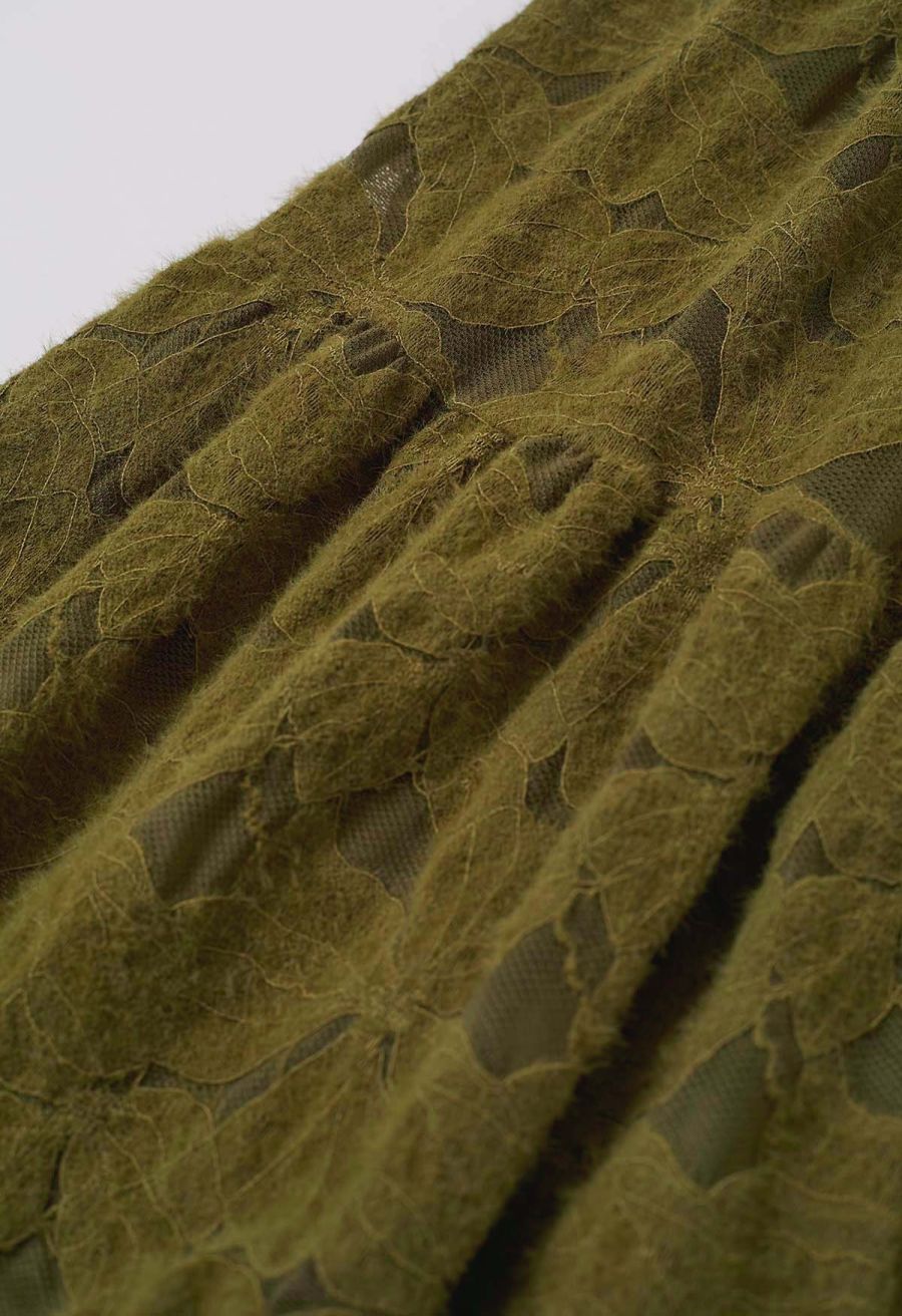 Fuzzy Floral Lace Midi Skirt in Moss Green