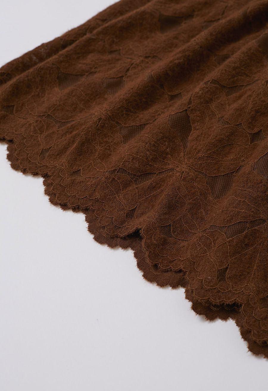 Fuzzy Floral Lace Midi Skirt in Caramel