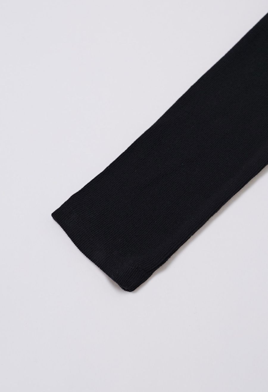 Flap Collar Ruched Side Long Sleeve Top in Black