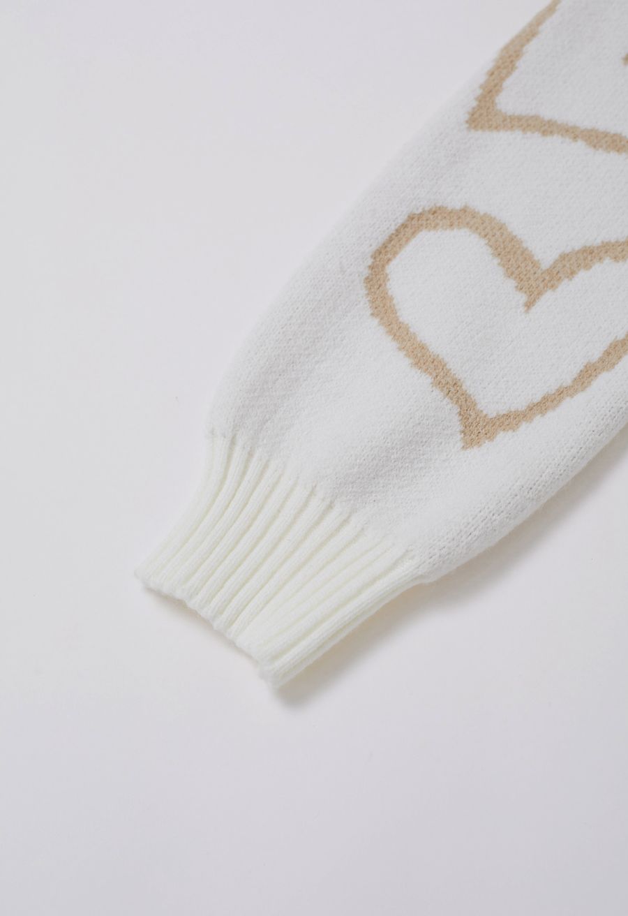 Lovable Heart Crew Neck Knit Sweater in White