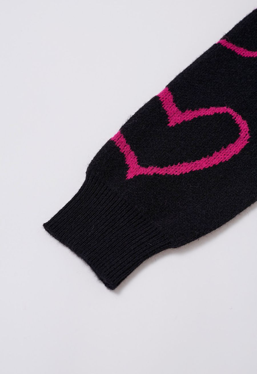 Lovable Heart Crew Neck Knit Sweater in Black