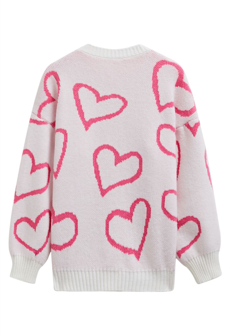 Lovable Heart Crew Neck Knit Sweater in Light Pink