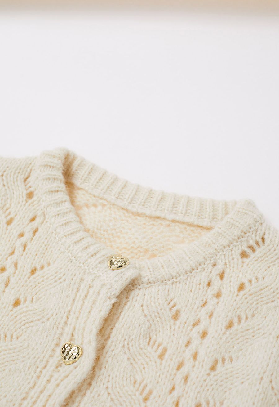 Heart Button Hollow Out Crop Knit Cardigan in Cream