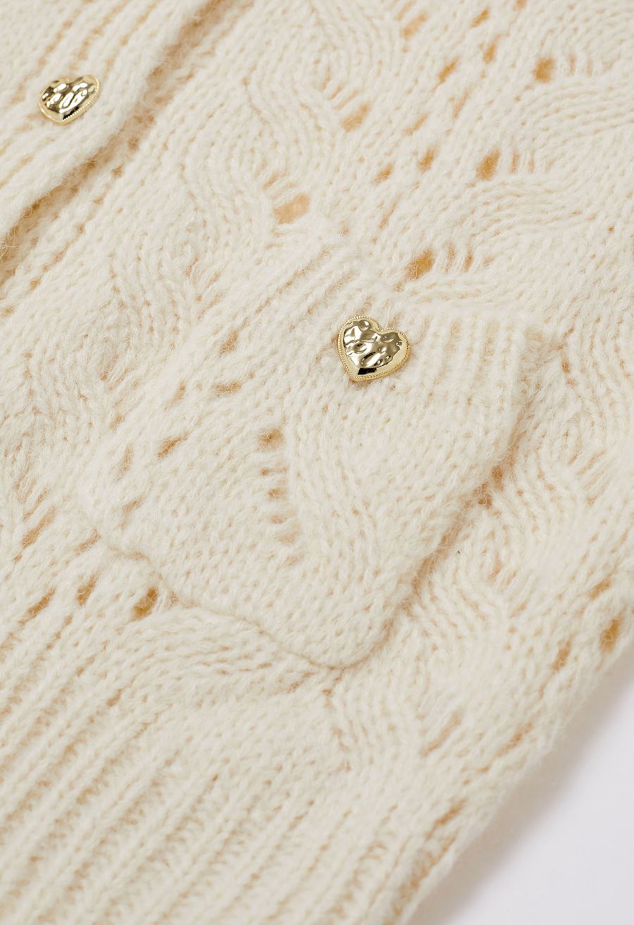 Heart Button Hollow Out Crop Knit Cardigan in Cream