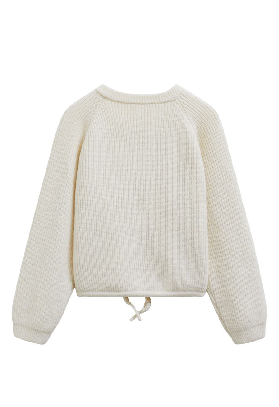 Drawstring Zipper Ribbed Knit Cardigan in Ivory