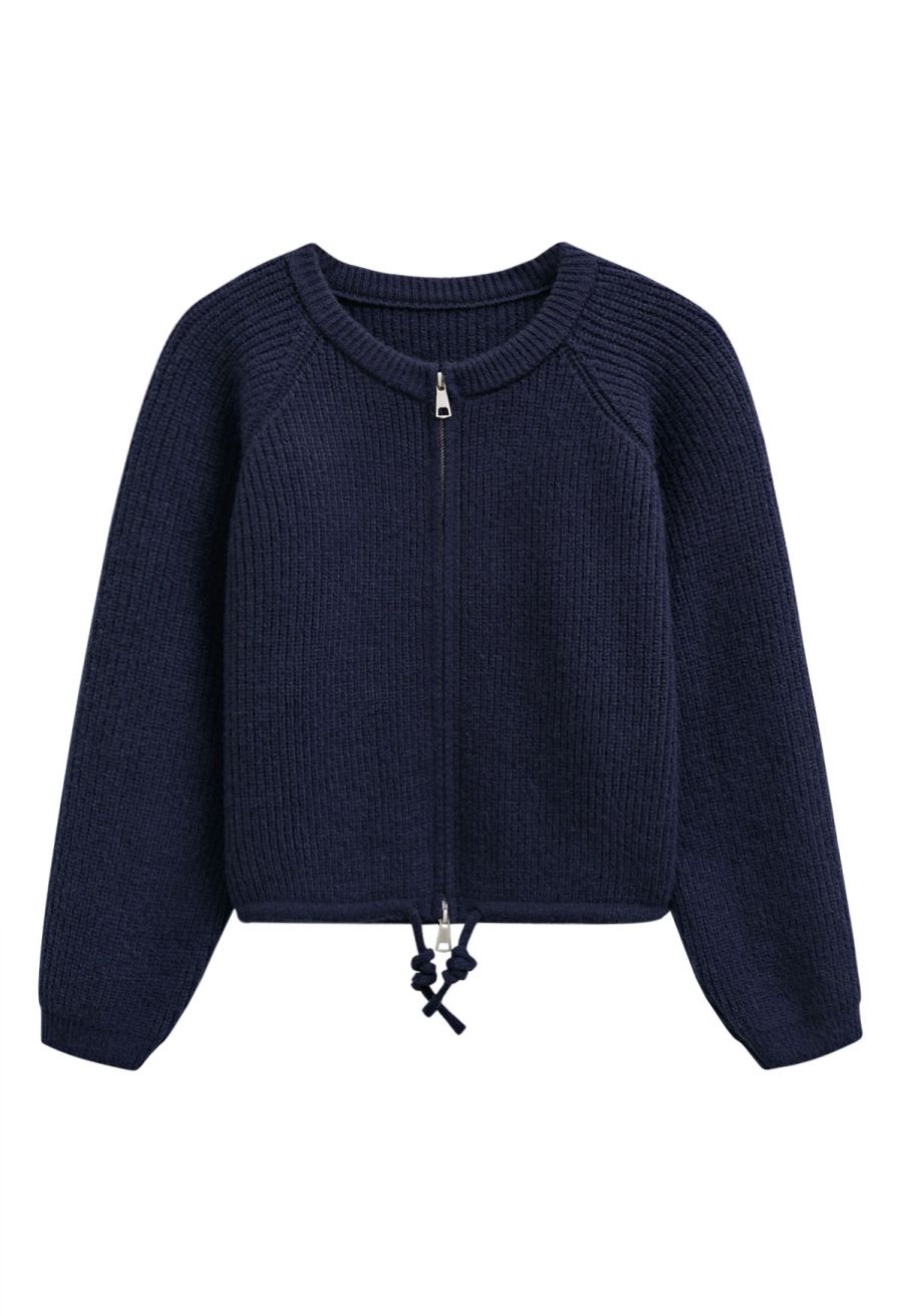 Drawstring Zipper Ribbed Knit Cardigan in Navy