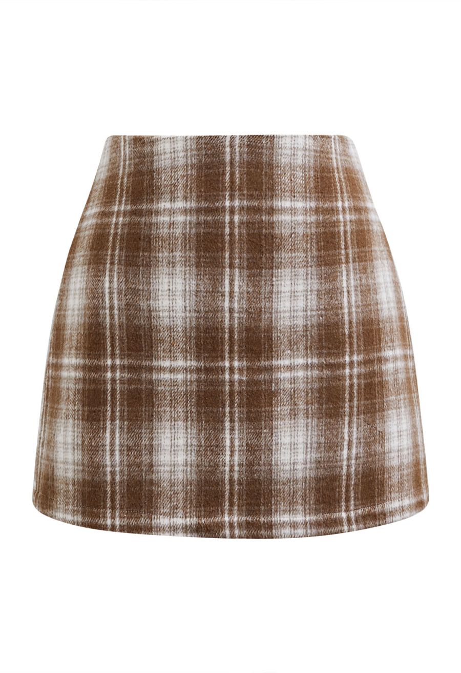 Velvet Side Bowknot Plaid Coat and Mini Skirt Set