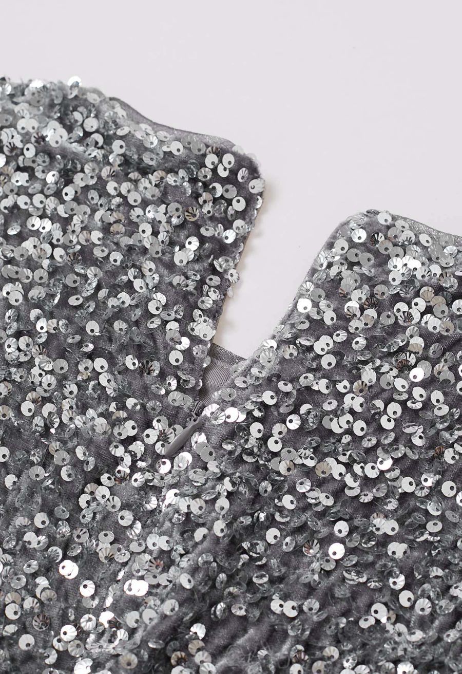 Twinkling Sequins Ruffle Organza Trim Velvet Bodycon Dress