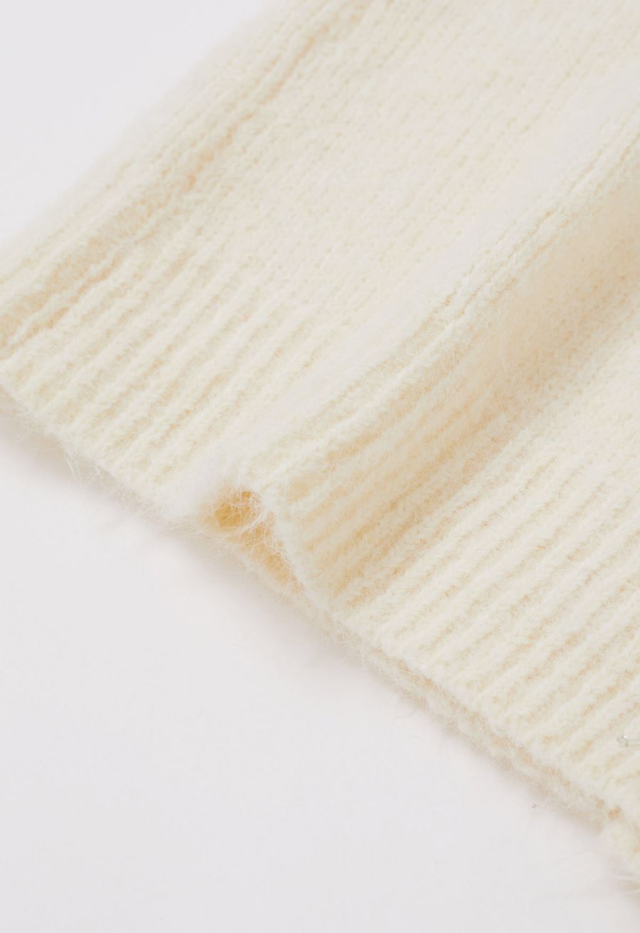 Starburst Rhinestone Snap Button Fuzzy Knit Cardigan in Cream