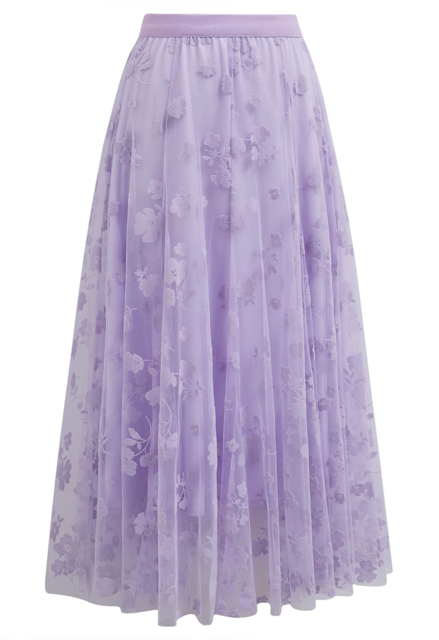 3D Posy Double-Layered Mesh Midi Skirt in Lavender