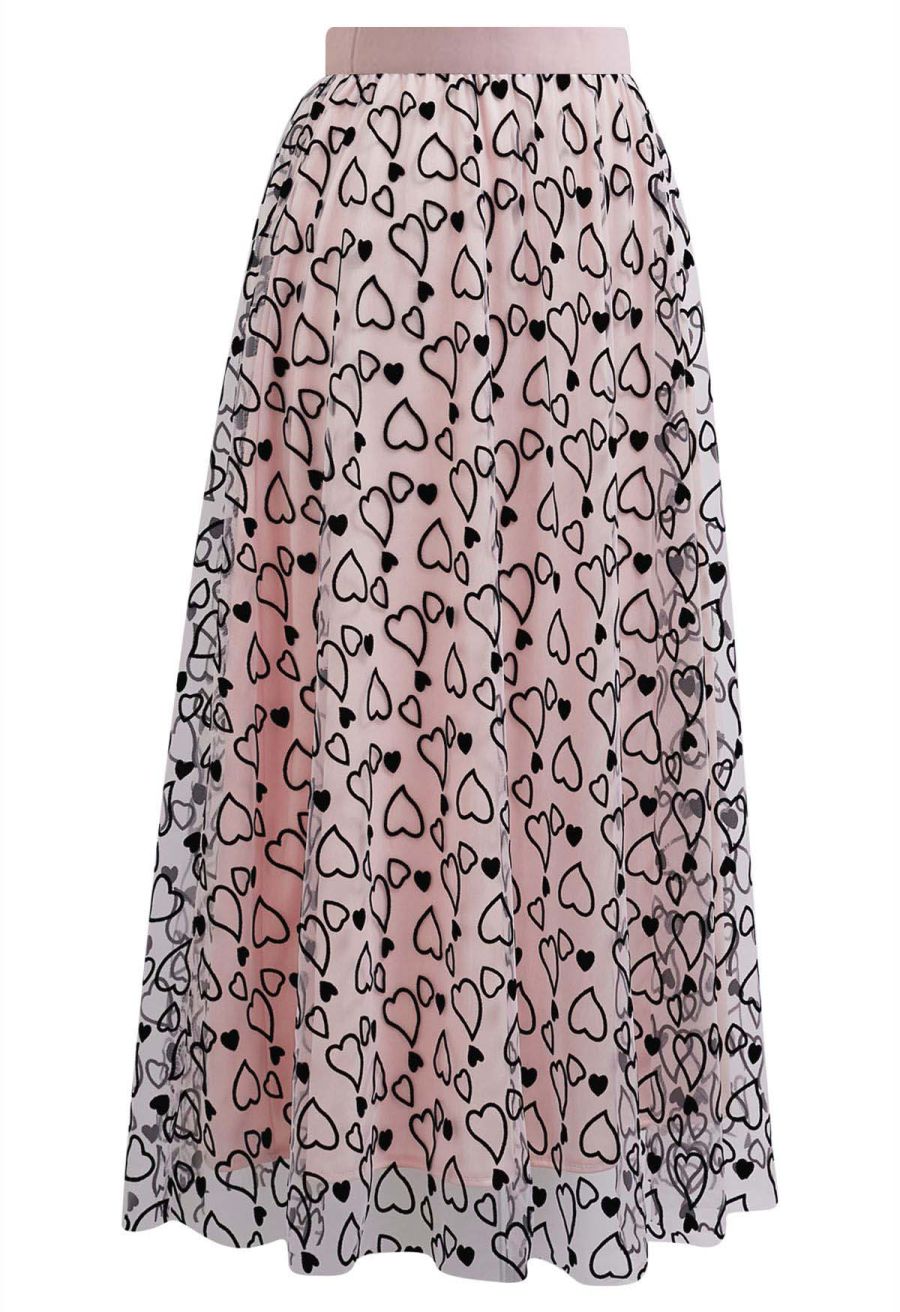 Endearing Velvet Heart Mesh Midi Skirt in Pink