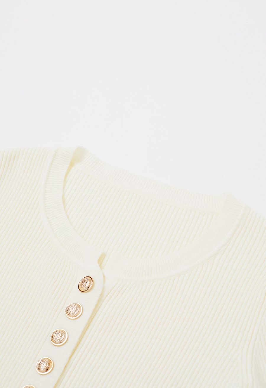 Feather Trim Cuff Golden Button Knit Top in Cream