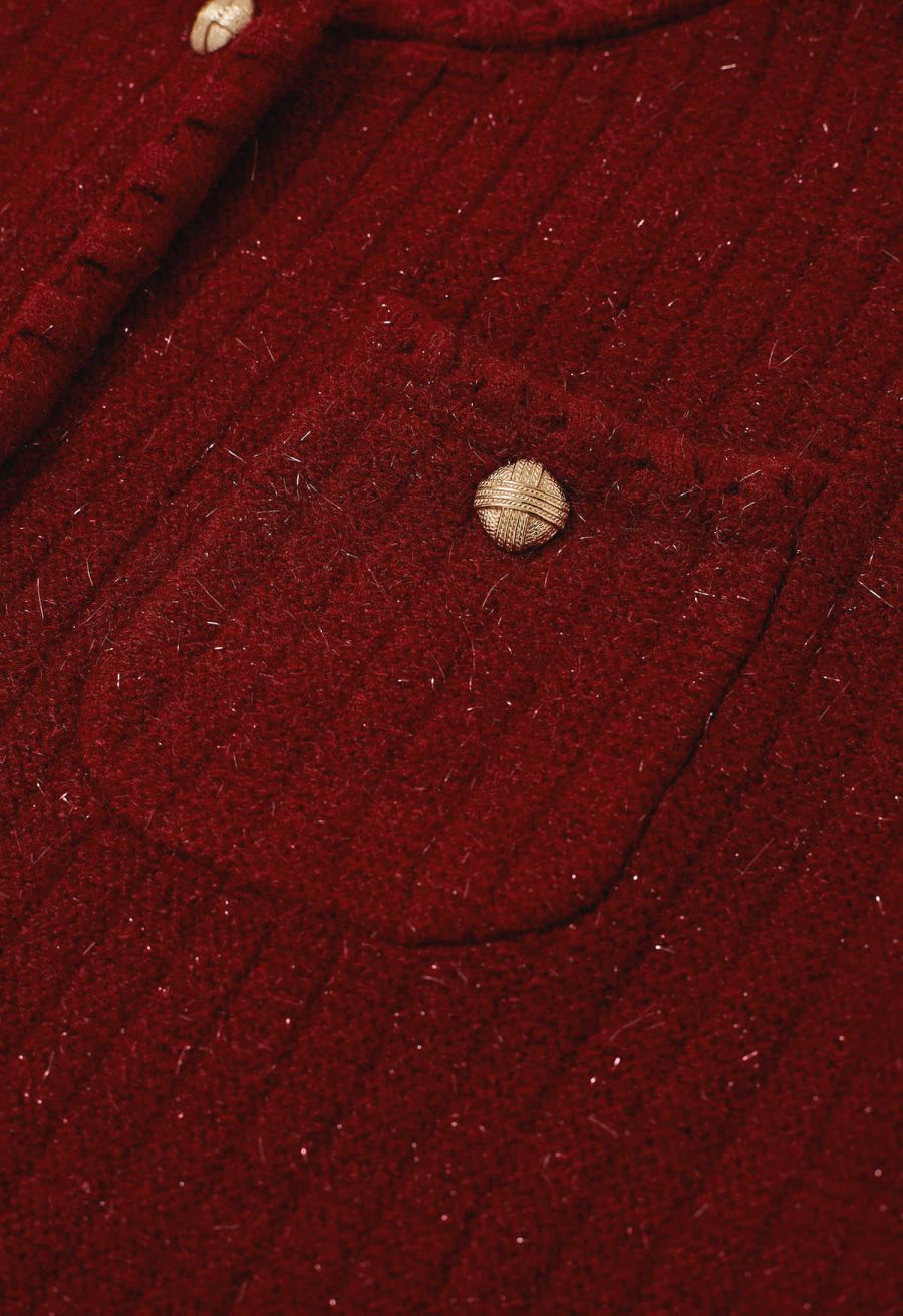 Gleaming Fringe Trim Buttoned Knit Cardigan in Red