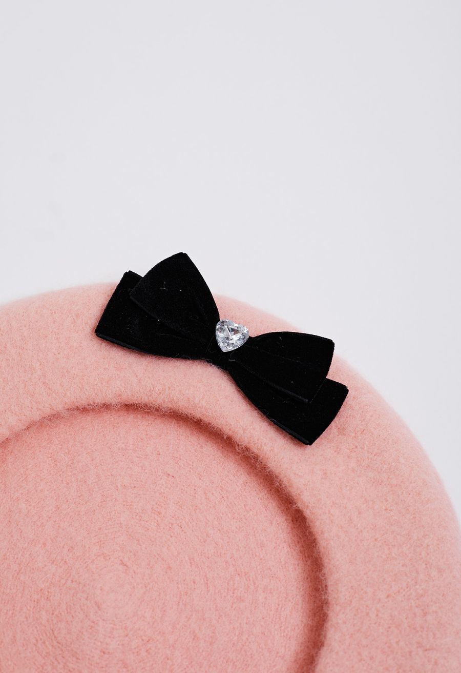 Velvet Bowknot Heart Rhinestone Wool-Blend Beret in Pink