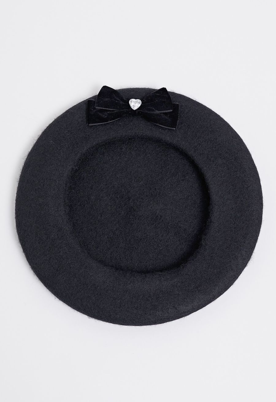 Velvet Bowknot Heart Rhinestone Wool-Blend Beret in Black