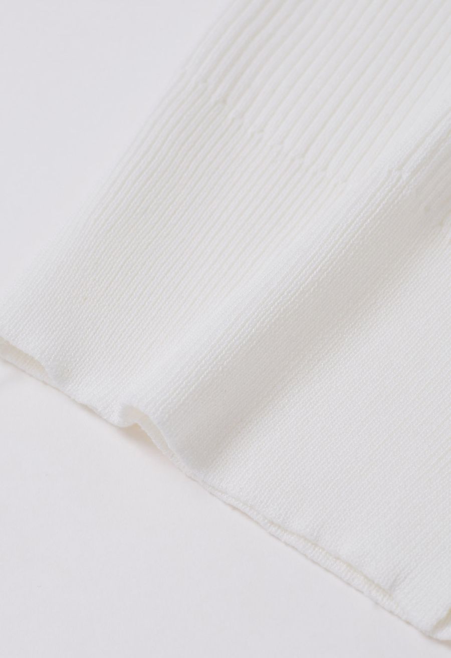 Bubble Sleeve V-Neck Buttoned Knit Top in White