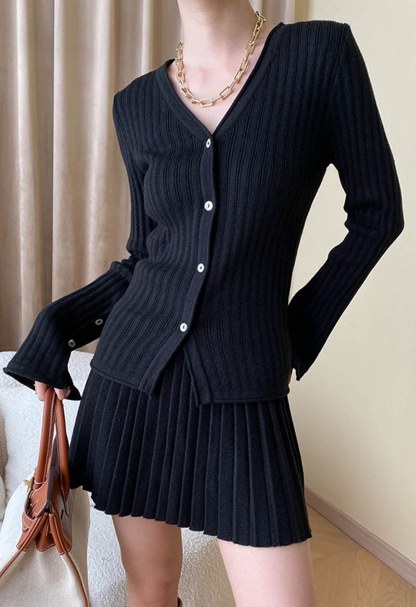 Flare Cuffs Button Knit Top and Mini Skirt in Black