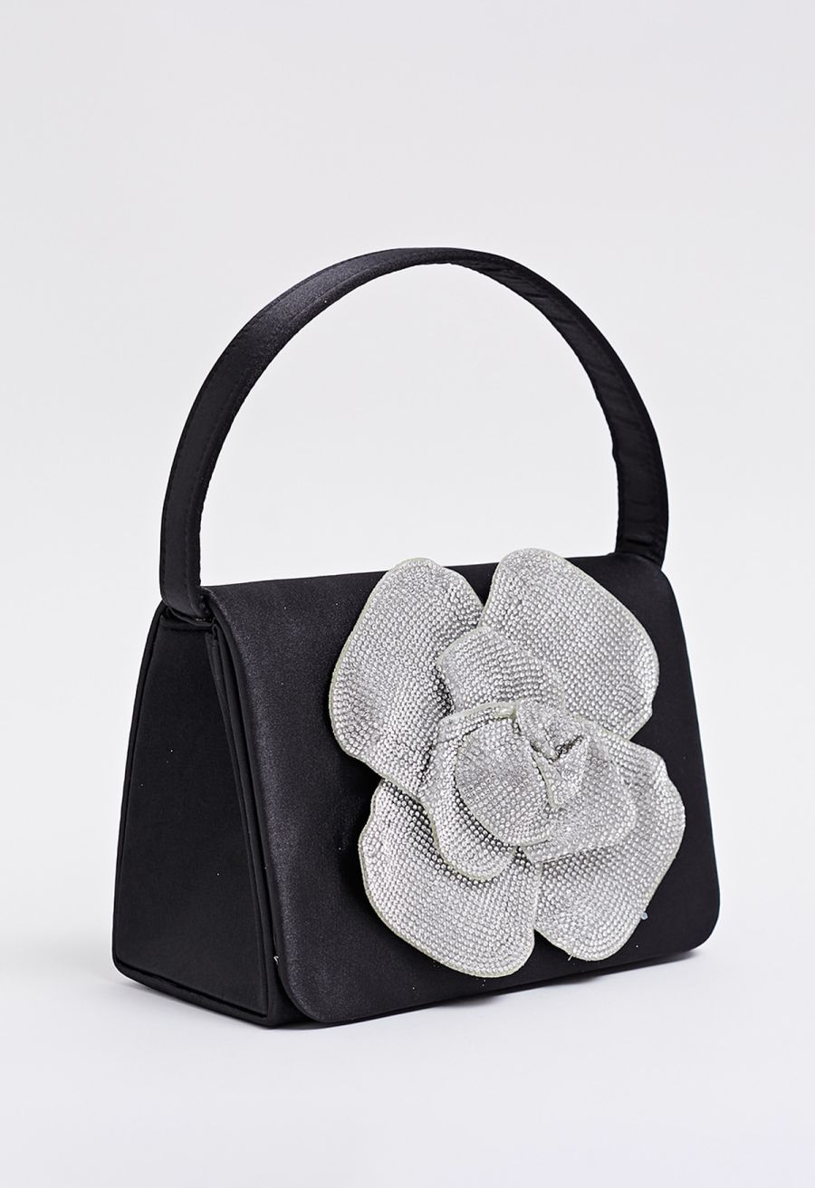 Radiant Rose Embellished Satin Handbag in Black