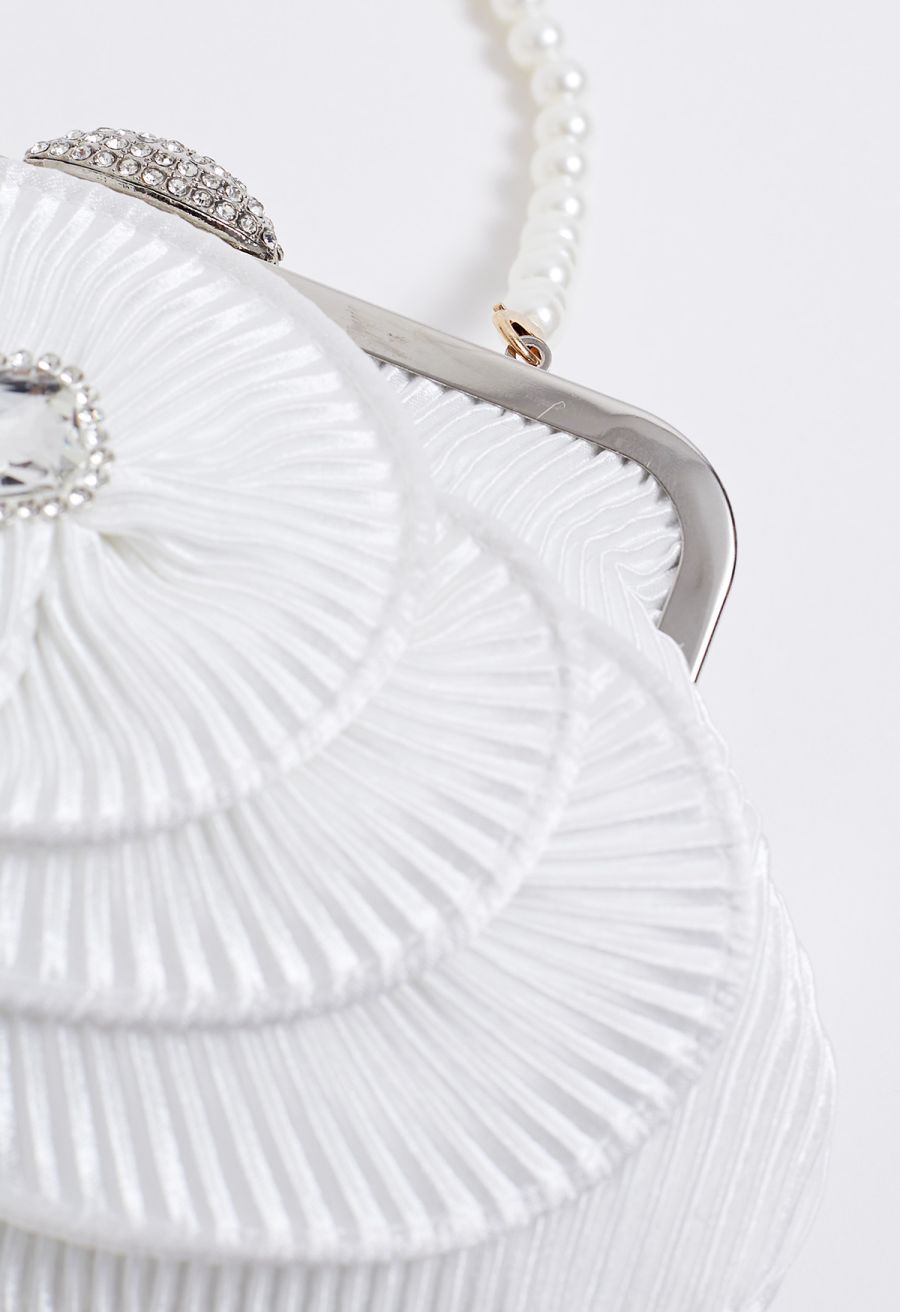 Rhinestone Camellia Pearl Chain Clutch