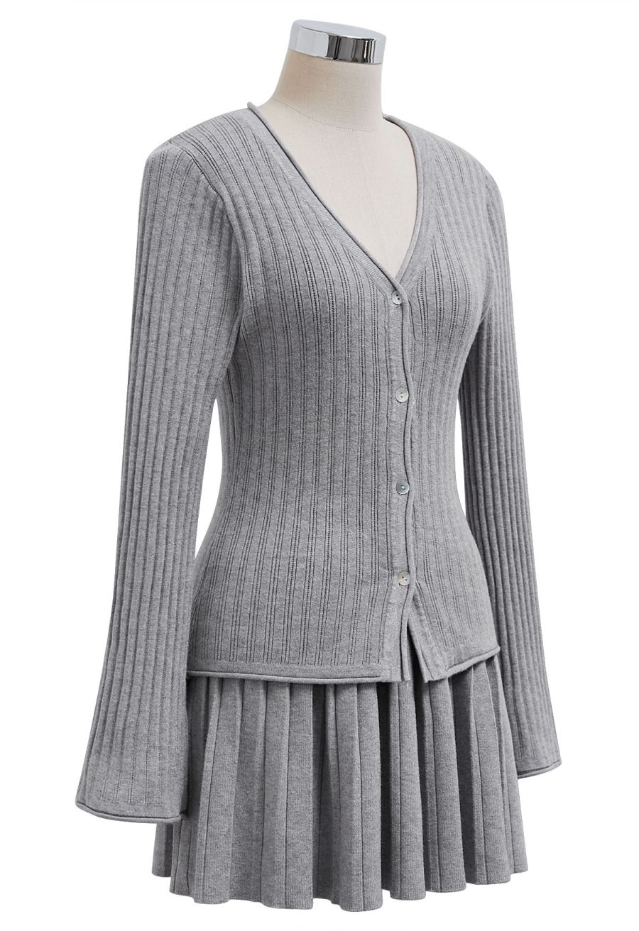 Flare Cuffs Button Knit Top and Mini Skirt in Grey