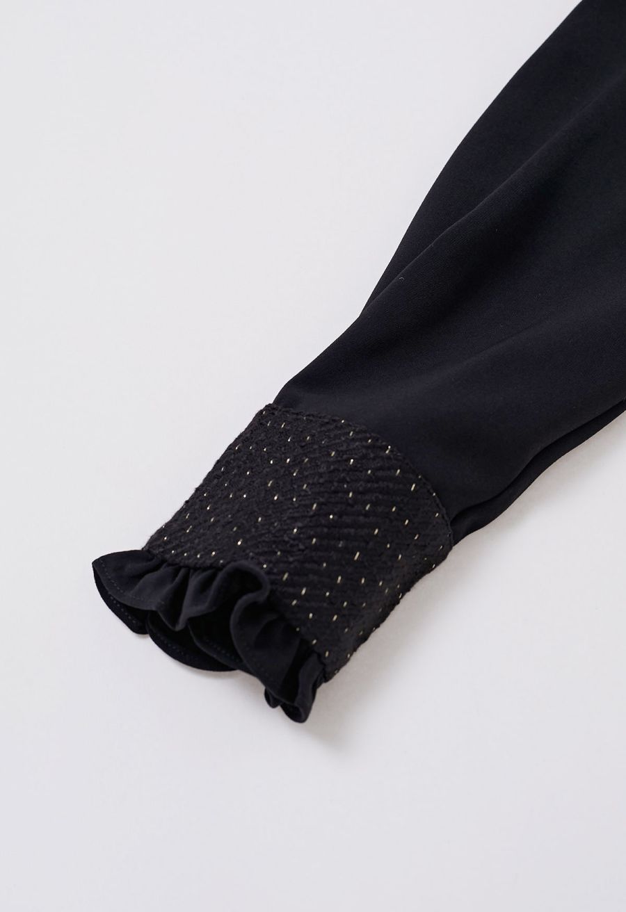 Self-Tie Bowknot Tweed Spliced Shirt in Black