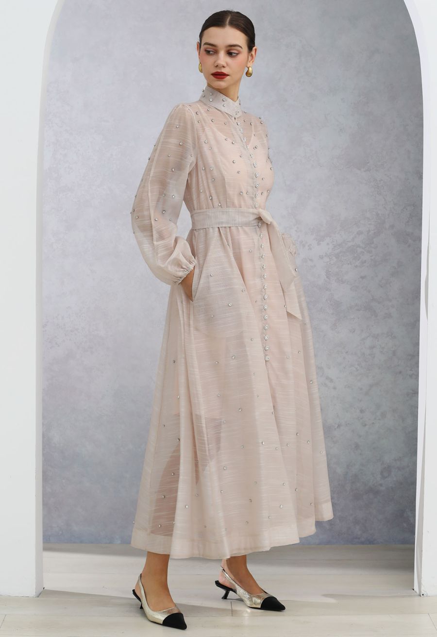 Rhinestone Decor Button Tie-Sash Organza Maxi Dress in Apricot