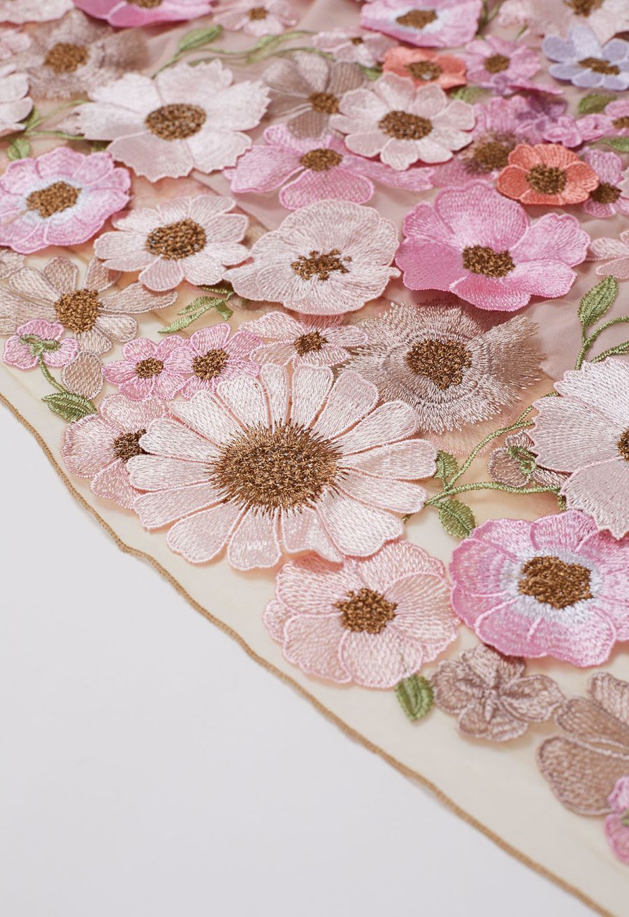 3D Floral Applique Mesh Tulle Maxi Skirt in Dusty Pink