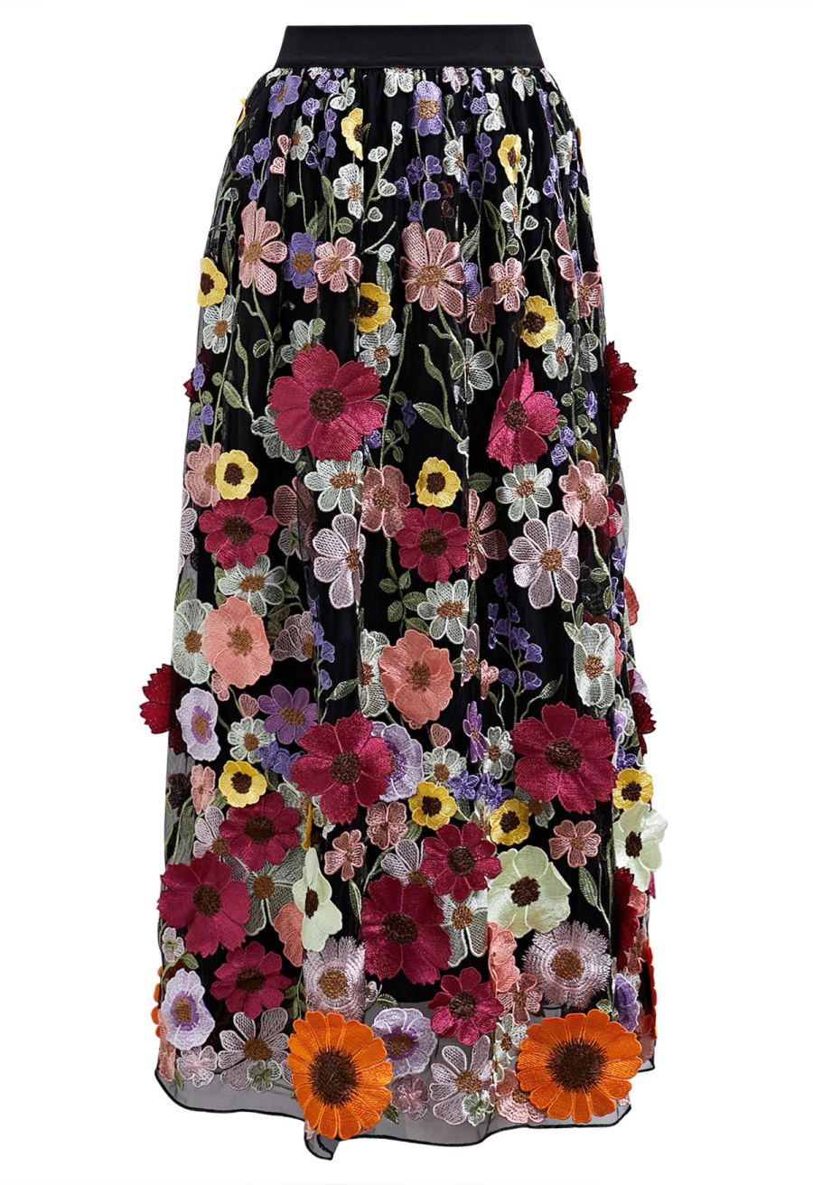 3D Floral Applique Mesh Tulle Maxi Skirt in Black