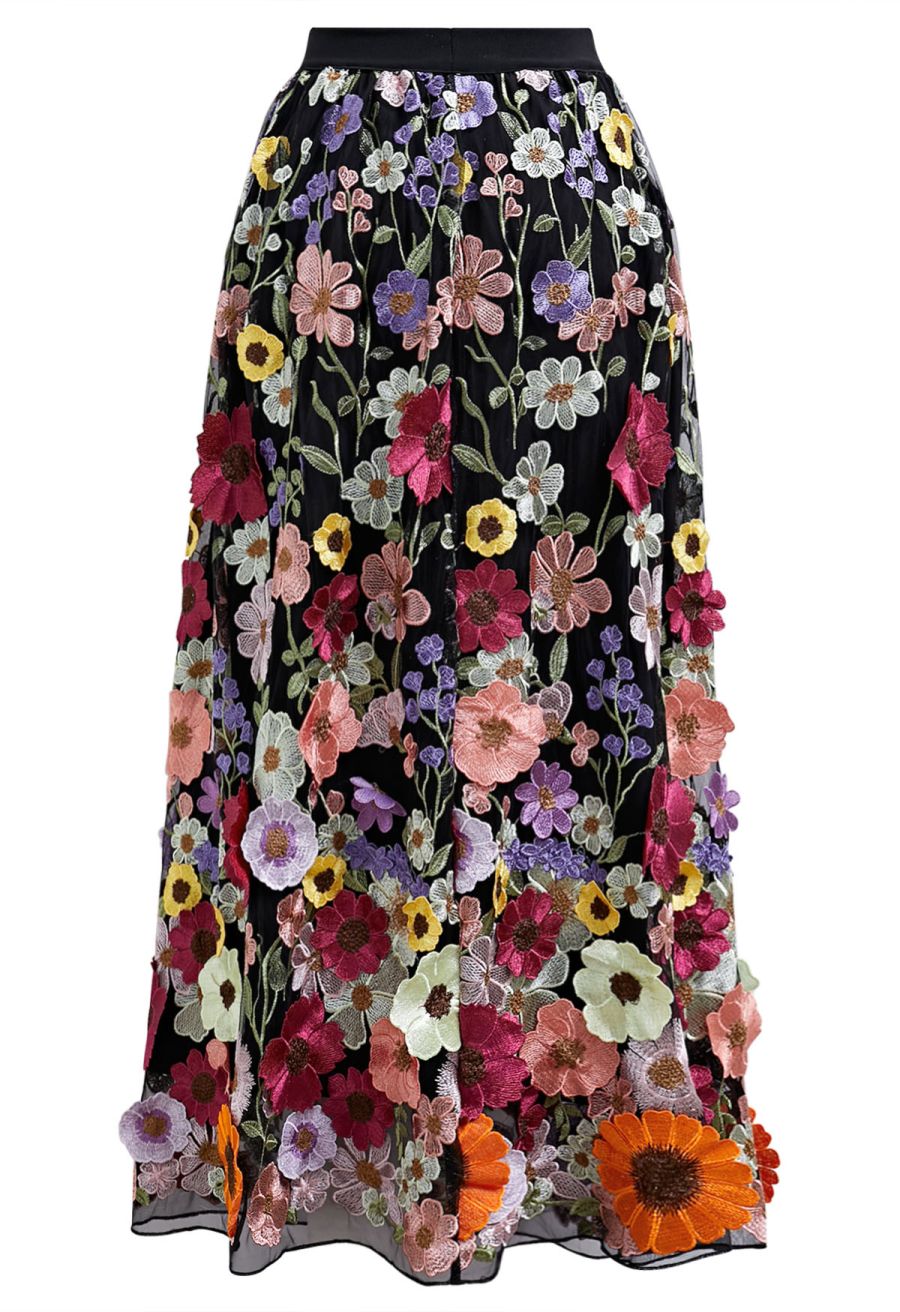 3D Floral Applique Mesh Tulle Maxi Skirt in Black