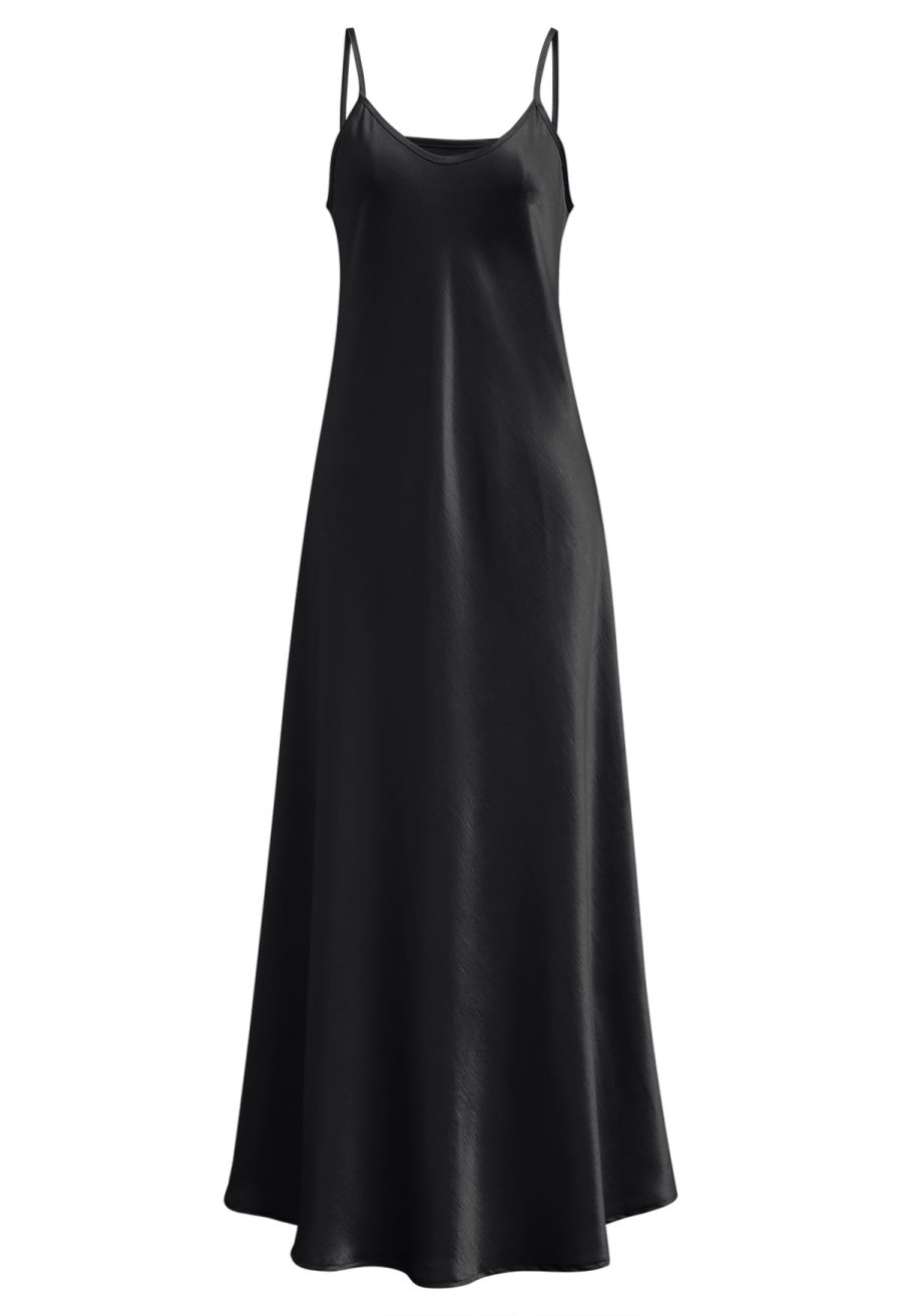 Texture Satin Backless Maxi Dress in Black