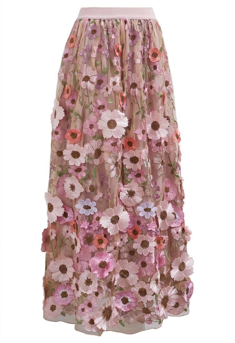 3D Floral Applique Mesh Tulle Maxi Skirt in Dusty Pink