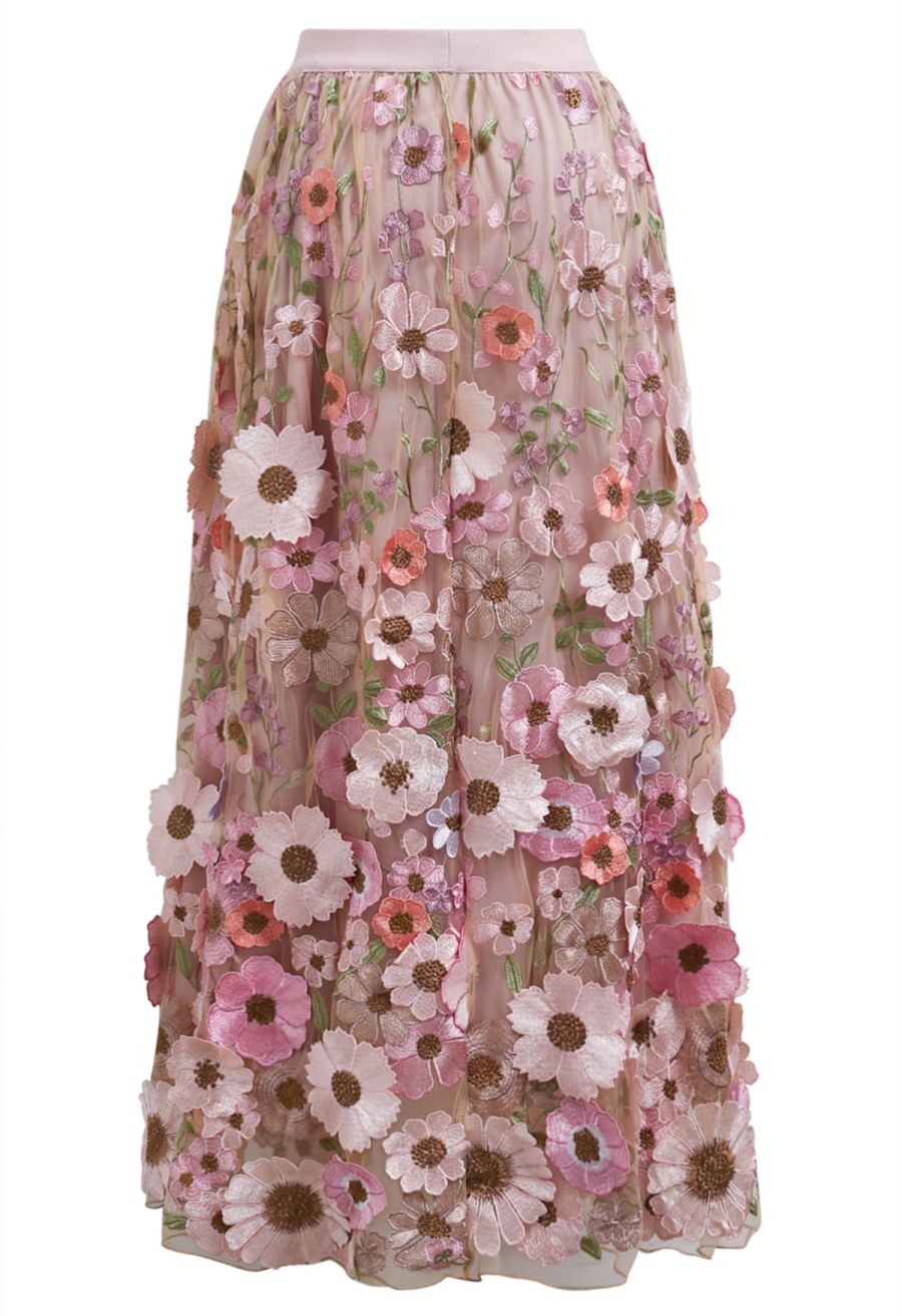 3D Floral Applique Mesh Tulle Maxi Skirt in Dusty Pink