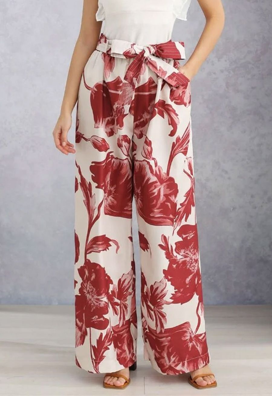Red Bouquet Printed Wide-Leg Pants