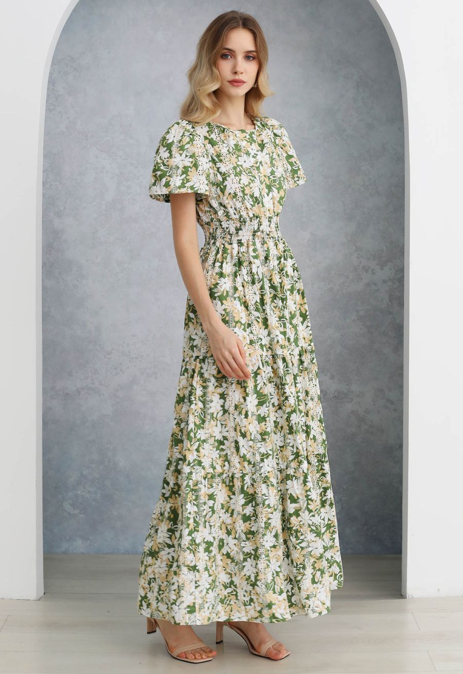 Ebullient Flower Printed Eyelet Embroidered Maxi Dress