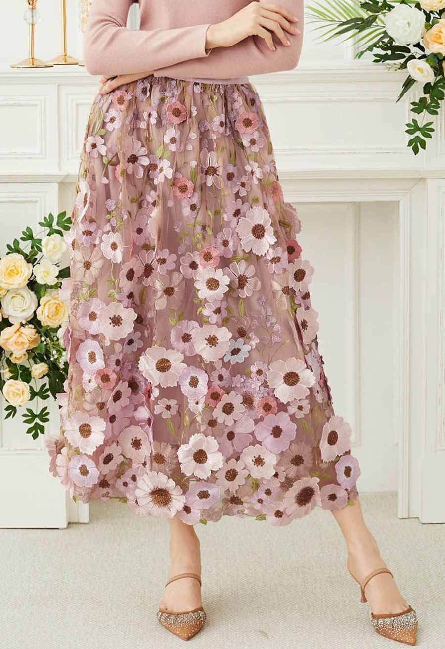 3D Floral Applique Mesh Tulle Maxi Skirt in Dusty Pink