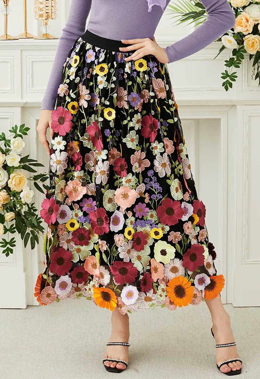 3D Floral Applique Mesh Tulle Maxi Skirt in Black